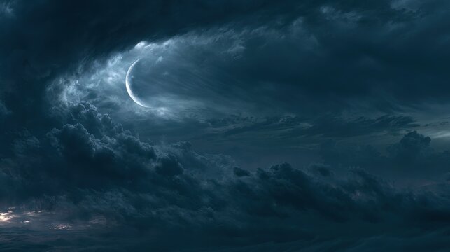 Celestial crescent moon in dark stormy clouds