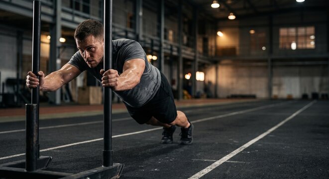 Strong Athlete Push Sled in Large Gym
