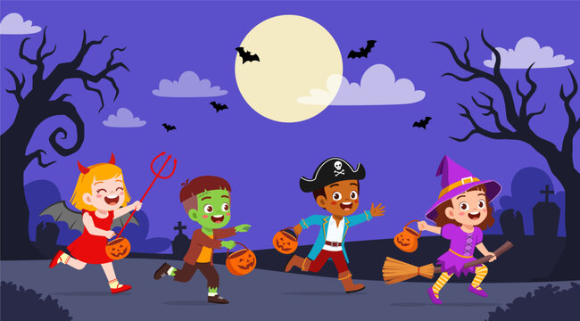 Four cheerful diverse children running excited trick or treating on Halloween night with spooky trees and bats