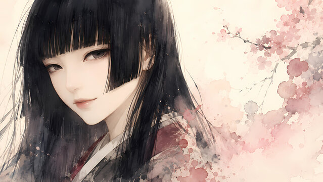 Artistic watercolor style portrait illustration of an elegant Asian woman with black hime cut hairstyle and cherry blossom background