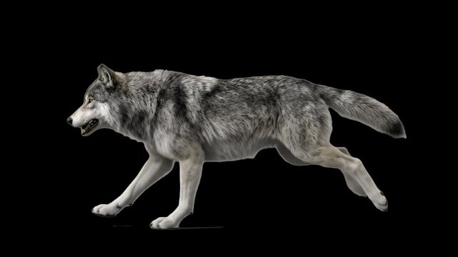 A realistic 3D rendered wild grey wolf running gracefully in side view, isolated against a solid black background. Designed for wildlife documentaries, nature films, game assets, wolf pack animations,