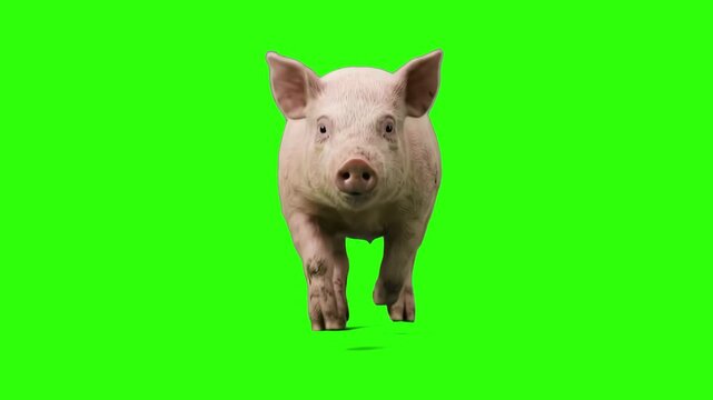A cute pink piglet running forward directly toward the camera, isolated on a solid green chroma key background. Ideal for agricultural explainer videos, farm animal content, funny commercials, childre