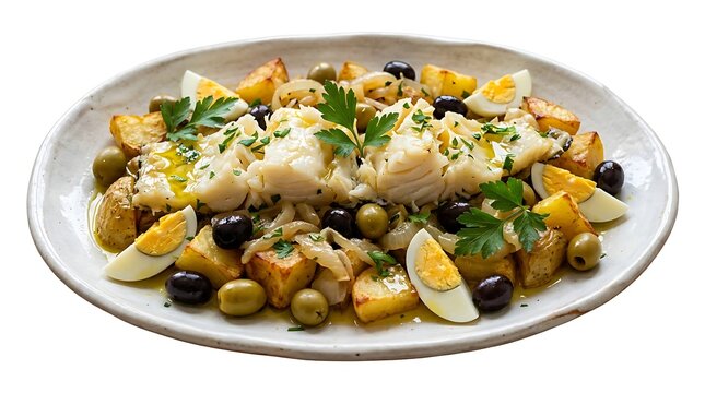 Traditional Portuguese Bacalhau a Gomes de Sa dish with potatoes and eggs