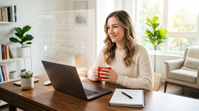 Woman sitting at a wooden desk with a laptop and notebook, holding a red coffee mug while looking at a futuristic transparent digital calendar interface for October in a bright home office.