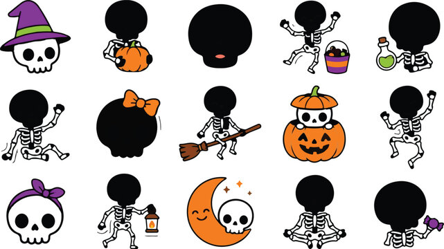 Halloween sticker Cute skeleton icons set, spooky skulls with witch hat and bow, halloween pumpkins, broom and potion bottles, kawaii orange black vector symbols for trick or treat isolated on