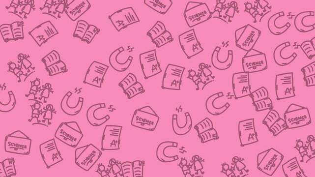 Pink background with a pattern of doodles featuring schoolrelated elements, perfect for educational designs like childrens books and stationery.