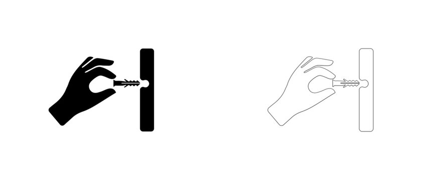 Hand inserting plastic wall plug dowel vector icon filled and outline, wall anchor fitting and hole prep symbol.