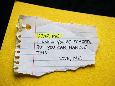 Handwritten note on torn paper suitable for mental health and inspiration content representing self encouragement and overcoming fear