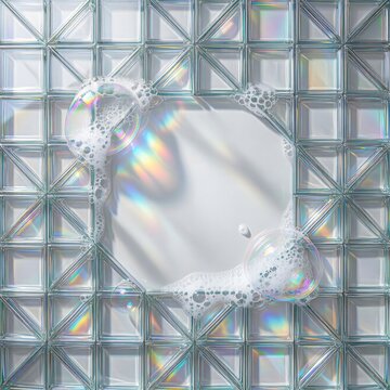 Holographic geometric glass tiles with soap foam frame