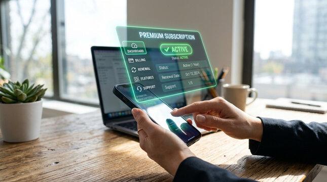Hands holding smartphone with glowing green digital holographic premium subscription interface displaying active status, renewal date, and billing options in office setting.