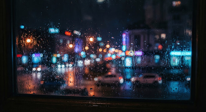 Rainy Night View of City Lights Through Window Glass