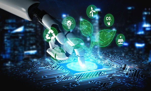 Futuristic Robotic Hand Interacting with Digital Eco-Friendly Icons Over a Circuit Board Background in a High-Tech Urban Setting Quark.