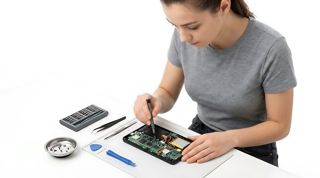 Young woman carefully repairing electronic device with precision tools on a white desk
