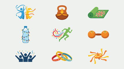 Obraz premium Flat design icon set for joyful festival and celebration themes, including people, running, and lights