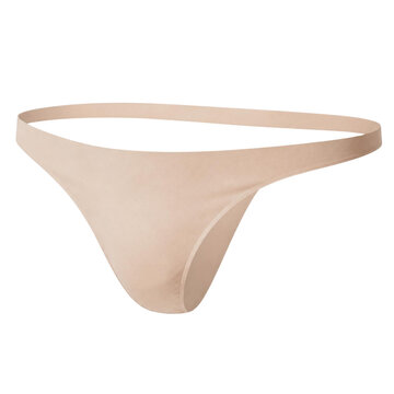 beige thong underwear flat lay on white background featuring minimal design narrow waistband smooth fabric and triangular front panel