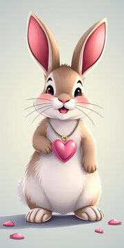 Adorable bunny standing upright while wearing a heart necklace in cute vector style, whimsical, sweet