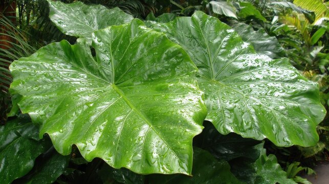 Gigantic Waxy Elephant Ear Plant Leaves with Water Droplets