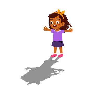 Joyful African American girl stands with open arms smiling widely on white background for kids
