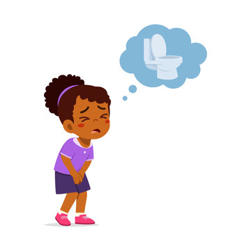 Young Black girl urgently needing to use toilet feeling uncomfortable holding crotch with a thought bubble