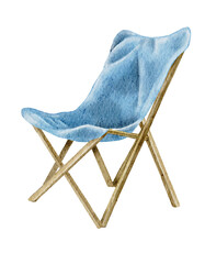 Watercolor illustration of a blue folding camping chair with a wooden frame, depicting portable outdoor seating for hiking trips, campsite recreation, leisure and travel themed artwork. © Evgeniia