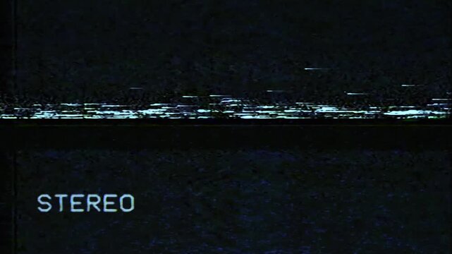 Analog vhs screen with static glitch and stereo text, vintage technology background.