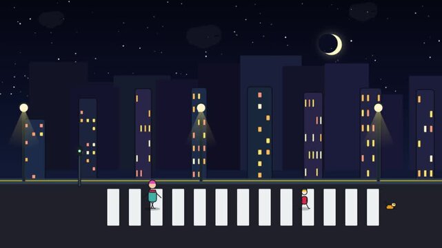 2D Animated Pedestrians Crossing Street Night Motion Graphic