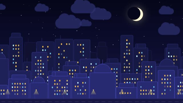 2D Animated City Skyline Night Crescent Moon Graphic