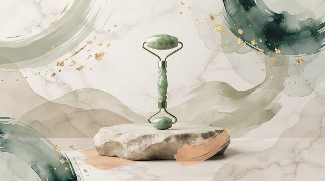 Jade roller facial massage stone tool on a marble background  