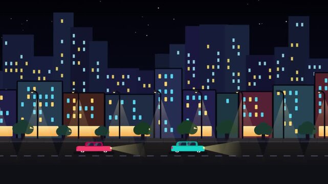 2D Animated City Night Highway Cars Driving Parallax Graphic