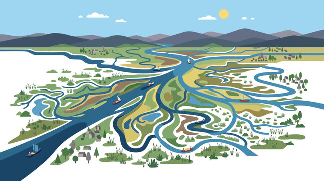 Vector illustration of a river delta landscape with meandering streams