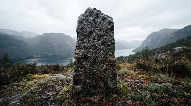 Viking rune stone in a misty landscape with mountains and fjord  