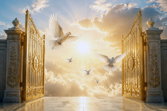 Heavenly gates stand open as white doves fly through warm sunlight and clouds, creating a peaceful sacred scene. Peace, freedom and spiritual salvation concept
