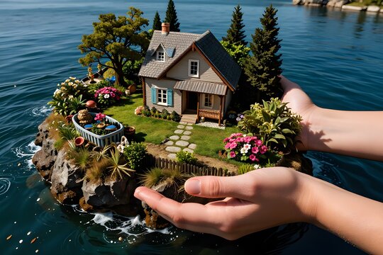 Small fantastic island with a house and backyard in women's hands.