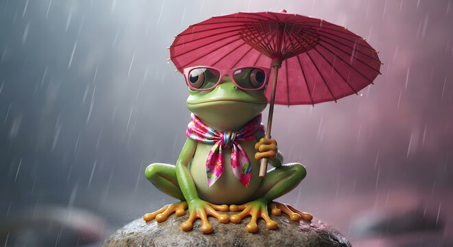 Cool 3D cartoon green frog wearing pink sunglasses and scarf holding red paper umbrella in rain, rainy season concept stock illustration