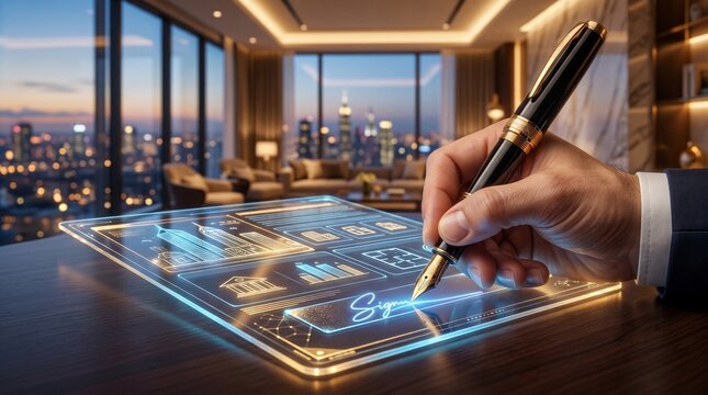 Close up of a businessman signing a glowing digital smart contract for real estate with a luxury pen on a transparent tablet in a modern penthouse