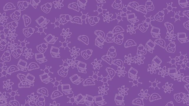 Purple background with white laptop atom icon doodle shapes pattern. Suitable for techrelated designs, wallpapers, backgrounds, digital presentations, and science projects.