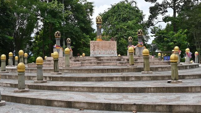 Footage of the navel city pillar of Chiang Rai, Thailand. The 108 surrounding pillars symbolic to Mount Meru the sacred five-peaked mountain of Hindu mythology. 