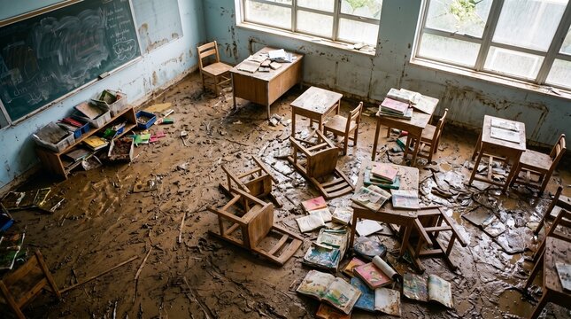 Abandoned and destroyed classroom after a natural flood disaster