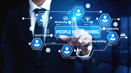 Obraz premium A business professional interacts with a digital interface showcasing various networking concepts like mentorship and community to highlight the importance of building relationships. Tessel