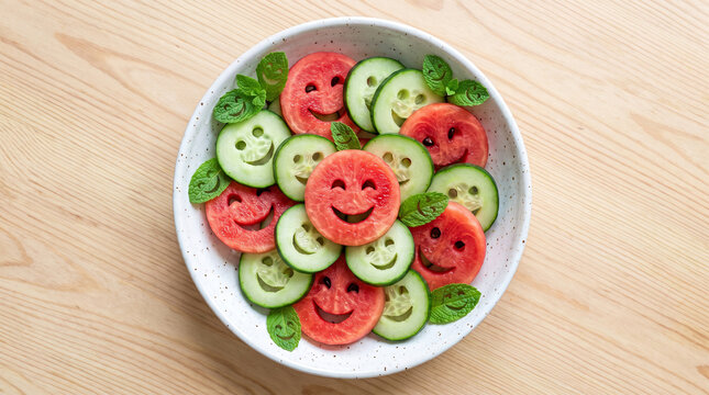 Fresh fruit and vegetable salad with watermelon and cucumber slices carved into happy smiley faces arranged in a bowl on a wooden table