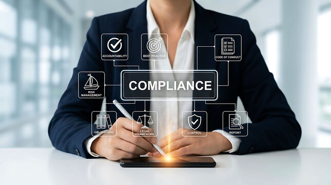 Businesswoman working on corporate compliance legal framework and risk management