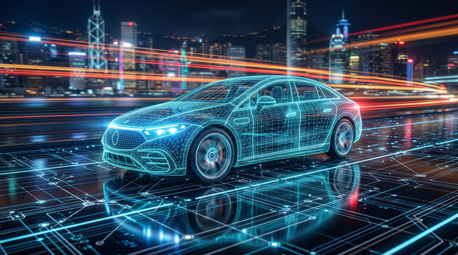 Futuristic electric car wireframe model driving on a digital circuit board road with city skyline at night