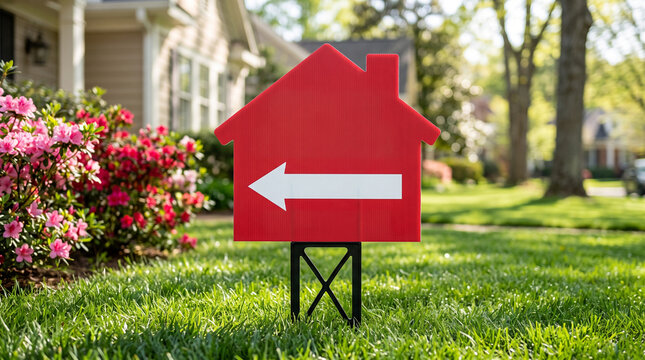 Red houseshaped real estate sign with a white arrow pointing left, placed on a green lawn in front of a suburban home