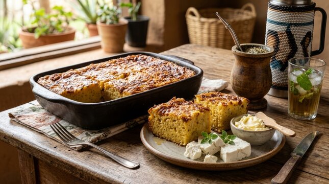 
Sopa paraguaya, a traditional savory corn, cheese, and onion pie, a dish typical of Paraguayan cuisine and very popular in Mato Grosso do Sul.