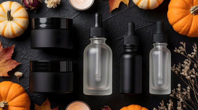 halloween skincare product packaging mockup with black cosmetic bottles