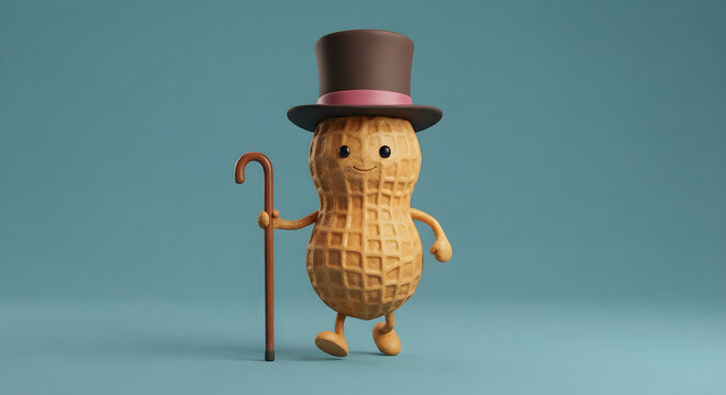 Cute 3D cartoon gentleman peanut character wearing top hat and holding walking cane on blue background, food mascot stock illustration