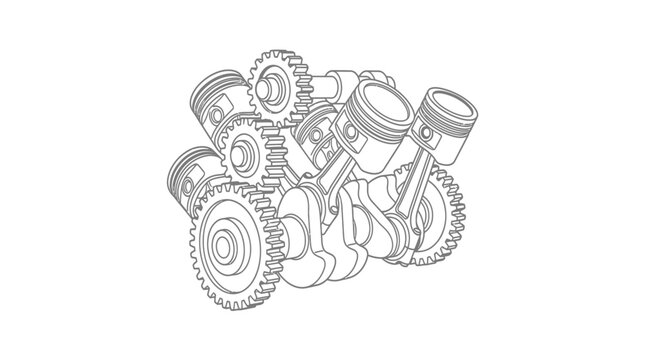 Mechanical engine pistons and gears in technical line art style