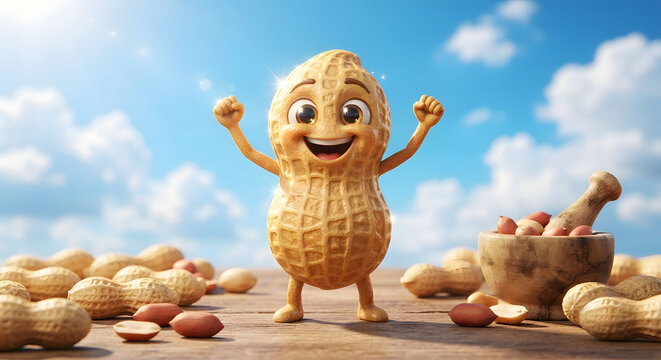 Cute 3D cartoon peanut character celebrating with raised arms on wooden table, healthy snack and success concept stock illustration