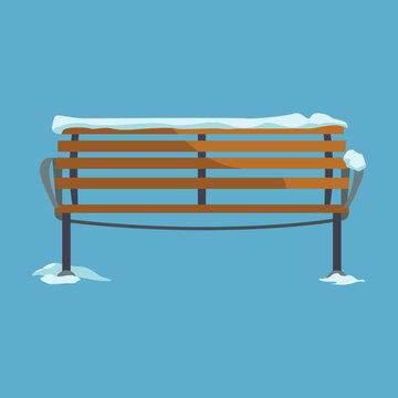 A wooden park bench with metal frame covered in snow, isolated on a blue background, flat design vector illustration.