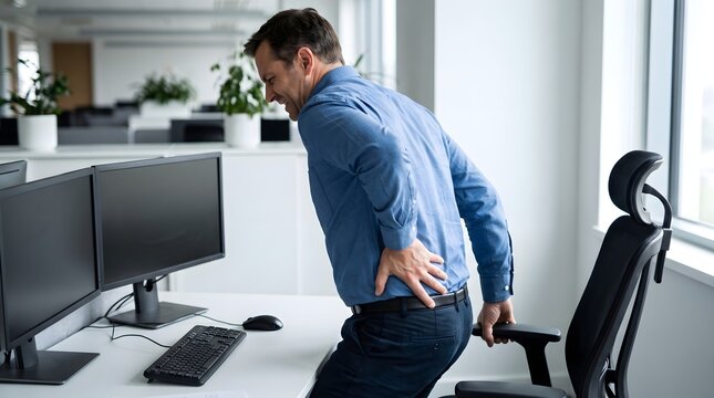 Male employee holding his waist in pain due to poor posture or backache at work